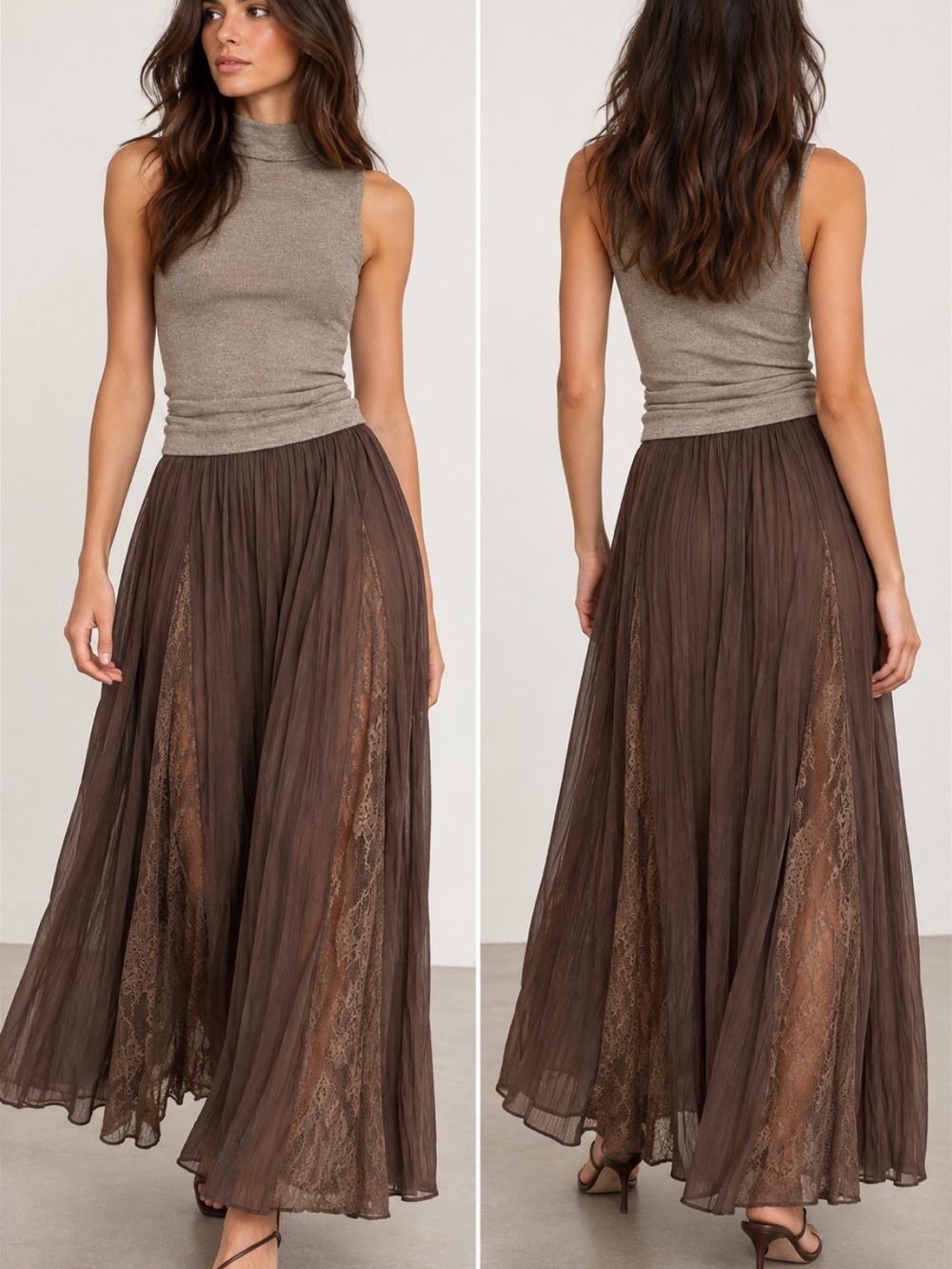 Zara NWT Brown Lace Panel Maxi Skirt XL 5029/196/716